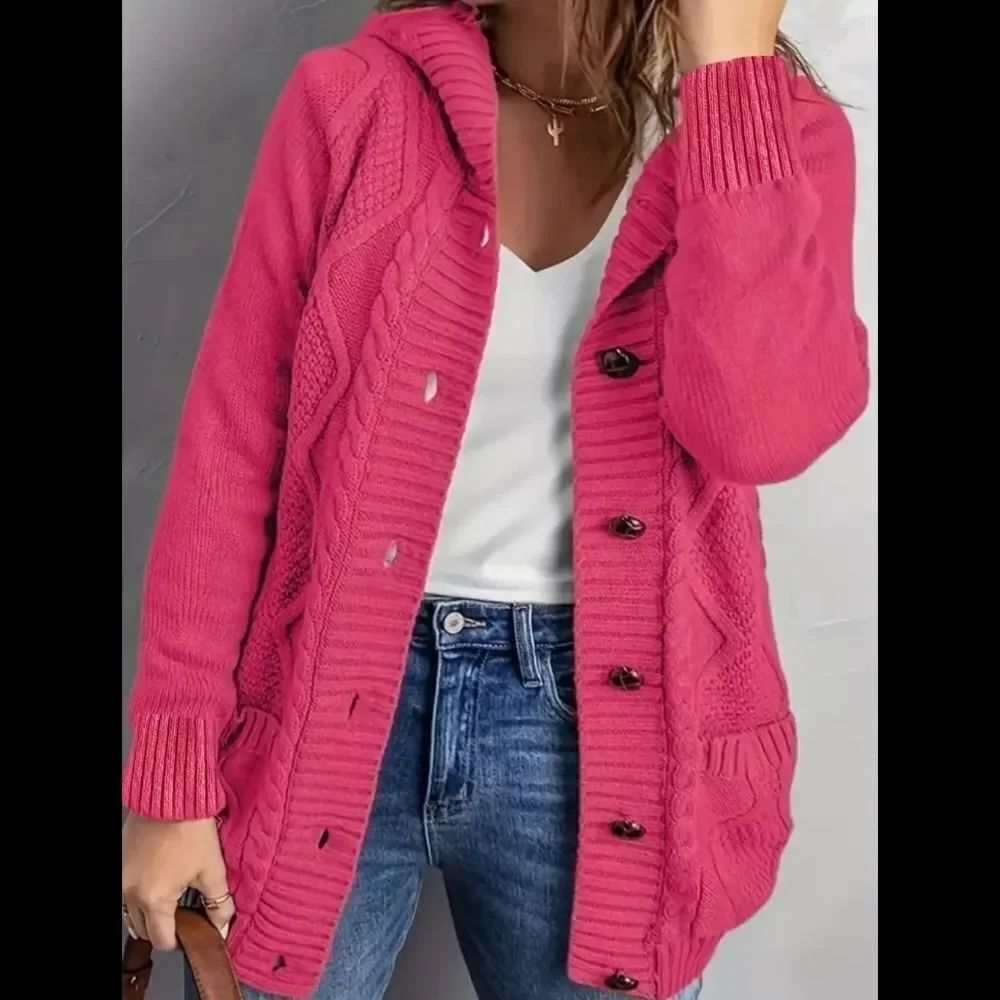 Pretty Dark Pink Heavy Weight Knit Hooded Cardigan Sweater Sz 20